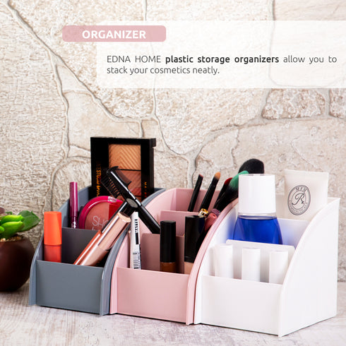 EDNA HOME Makeup Organizers, 3-Set, Cosmetics and Jewelry Holders with Triple Compartment, HQ Plastic, Suitable for Dresser, Bathroom, Nightstand, Vanity & Countertop, White/Gray/Rose, Made in Europe